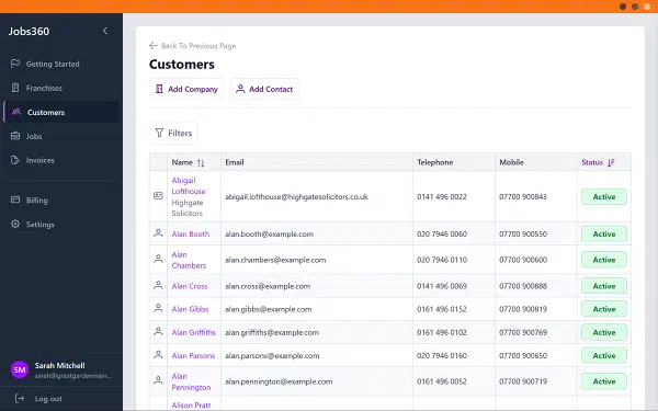 Customer database with search and filtering